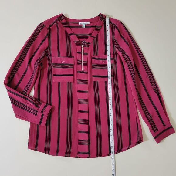 Notations Women's Red with Black Stripe Zip Front Long Sleeve Blouse - Picture 5 of 13